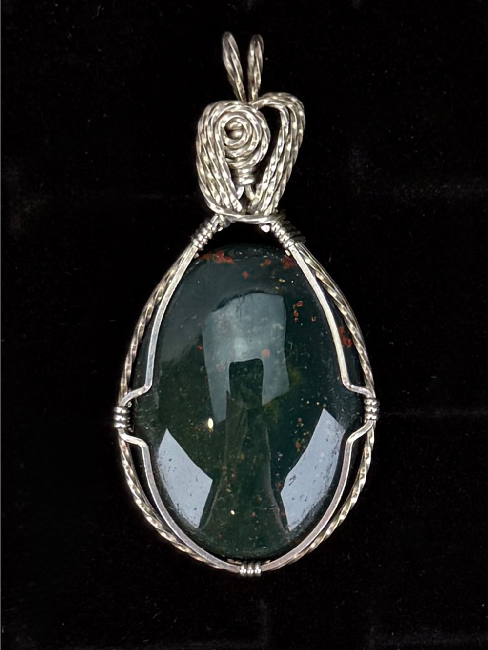 Wire Wrapped Bloodstone Cabochon Pendant Silver Tone Artisan Style Gemstone